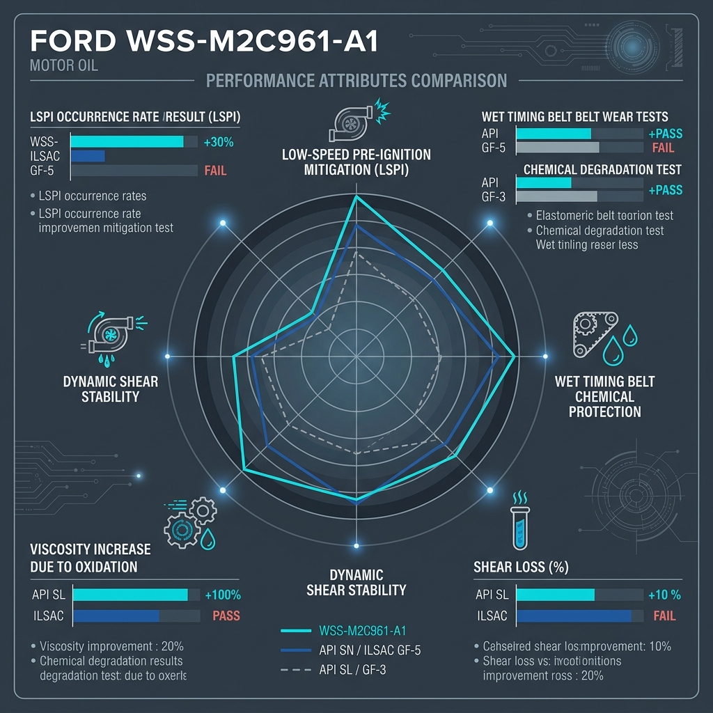 Infographic comparing Ford WSS-M2C961-A1 motor oil performance metrics against API SN/ILSAC GF-5 and API SL/GF-3 standards. (Representative image for illustration purposes only. Actual vehicle may vary based on trim and configuration.)