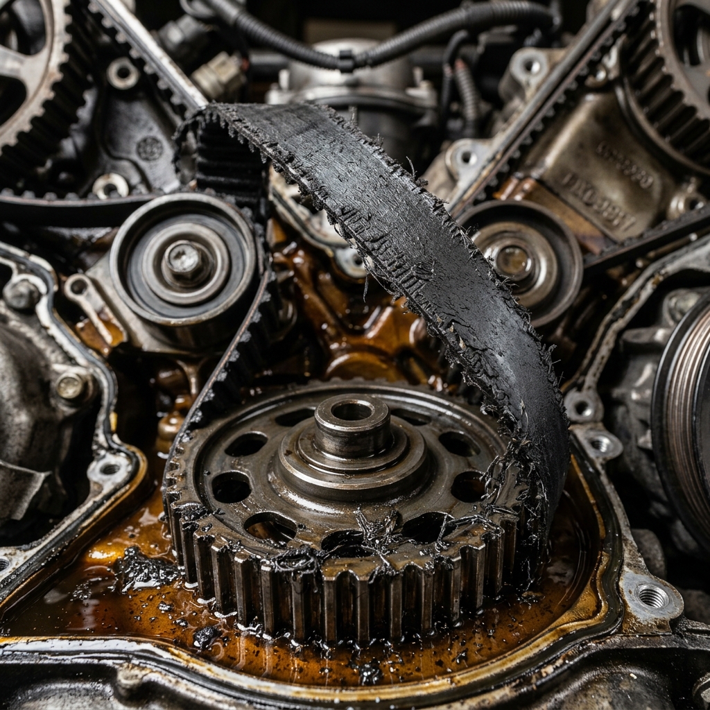 Shredded and frayed rubber timing belt sitting on an oily metallic engine gear sprocket during mechanical repair. (Representative image for illustration purposes only. Actual vehicle may vary based on trim and configuration.)