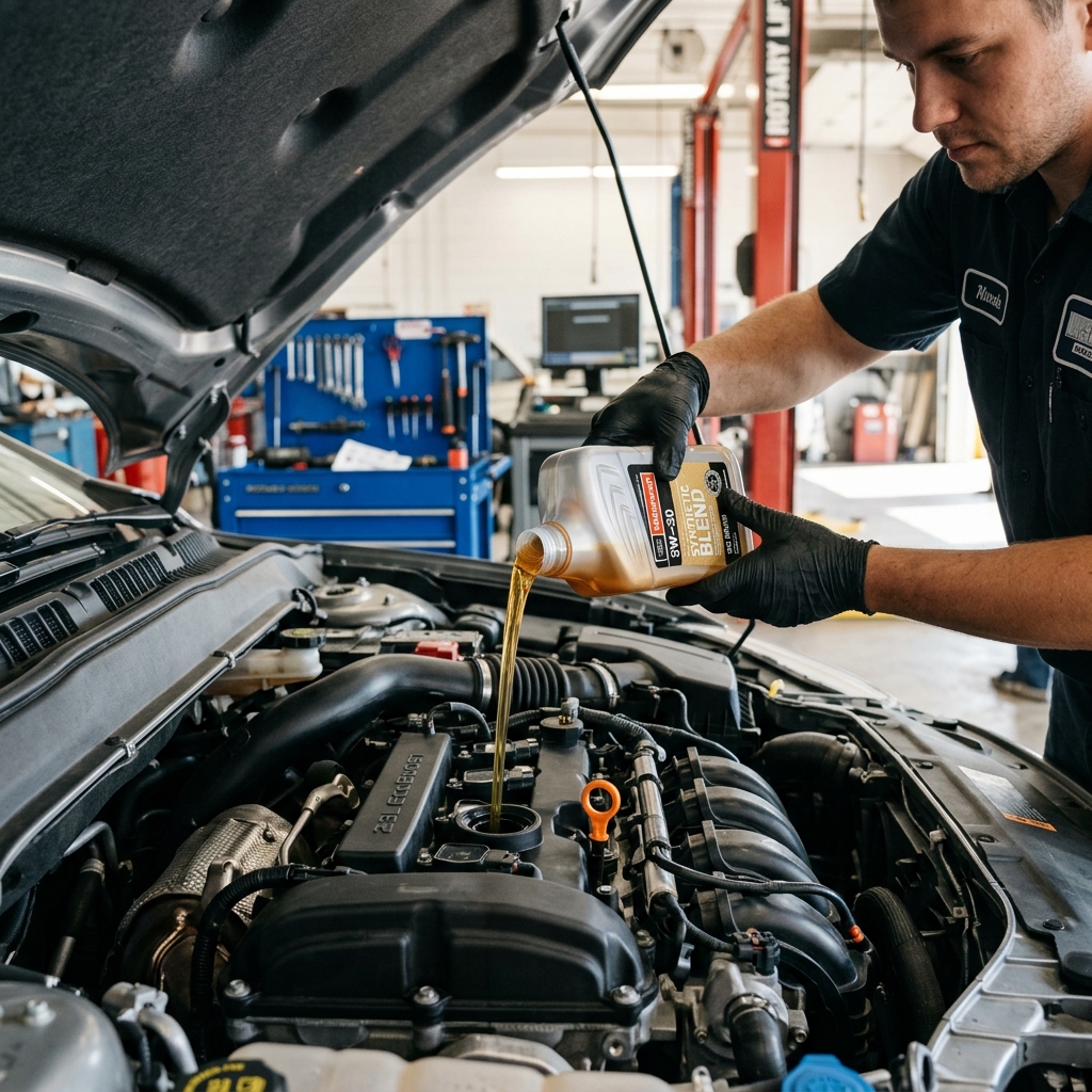 A mechanic wearing black gloves pours synthetic blend motor oil into an open car engine in an auto shop. (Representative image for illustration purposes only. Actual vehicle may vary based on trim and configuration.)