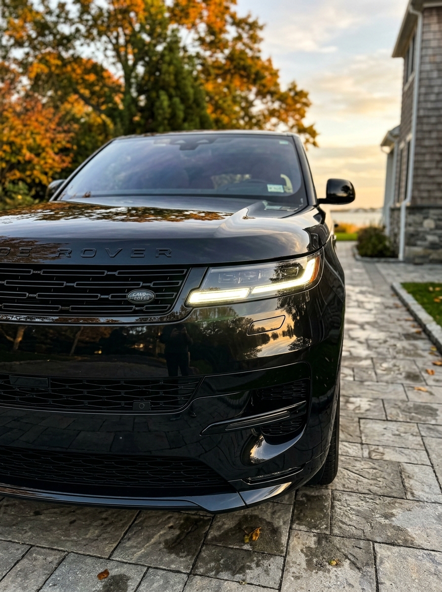 Front view of a sleek black Range Rover parked on a stone driveway with autumn trees in the background. (Representative image for illustration purposes only. Actual vehicle may vary based on trim and configuration.)