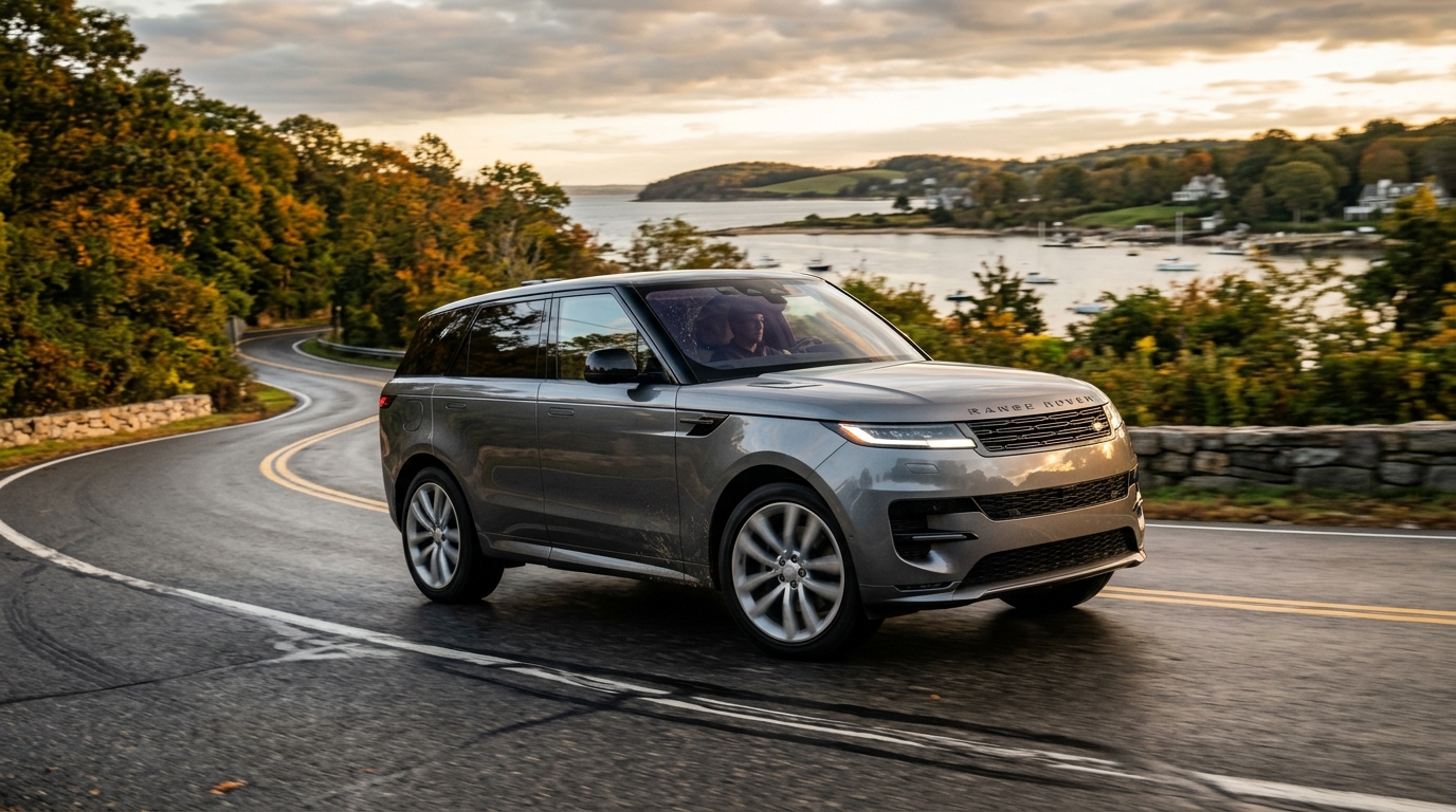 Silver Range Rover Sport driving on a winding coastal road lined with autumn trees at golden hour. (Representative image for illustration purposes only. Actual vehicle may vary based on trim and configuration.)