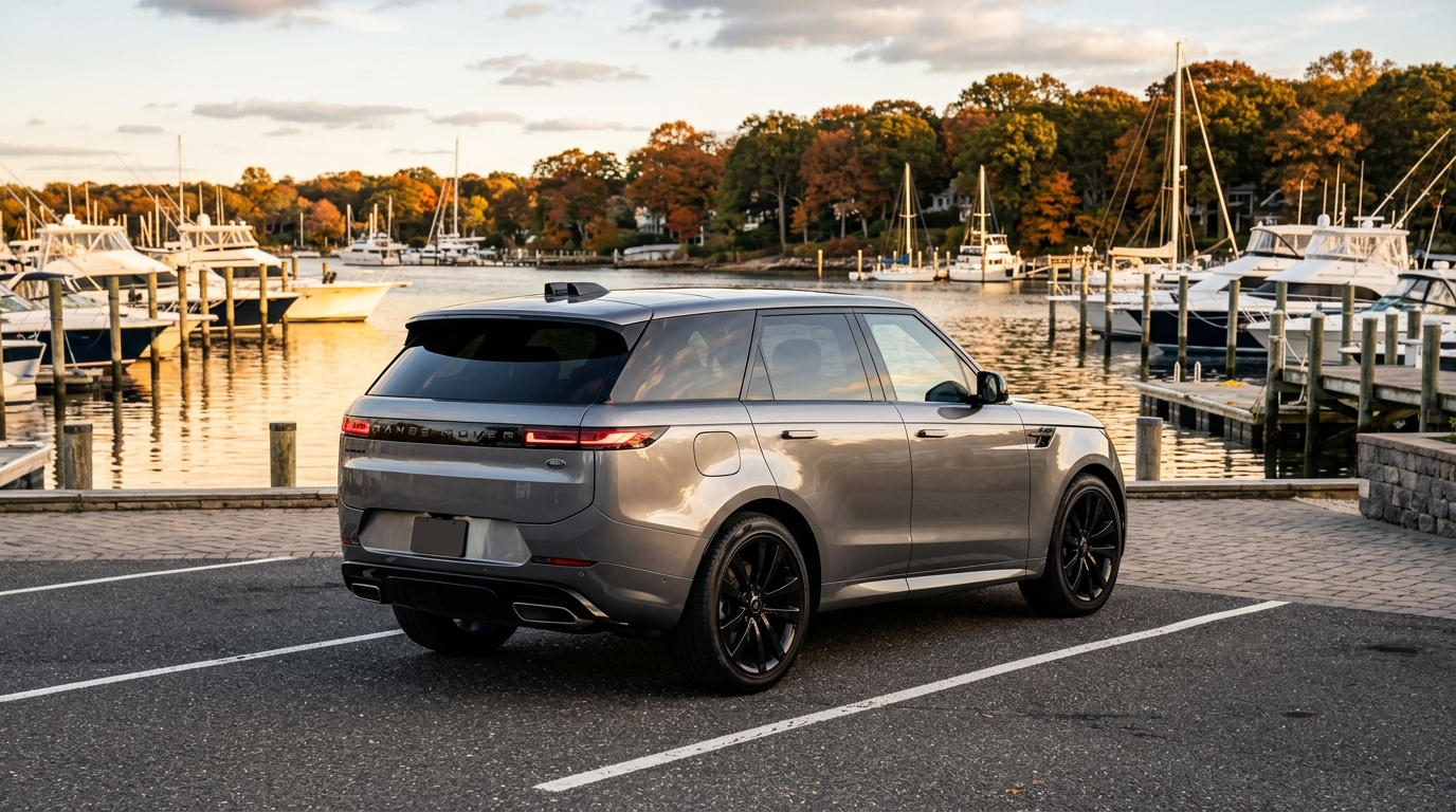 Metallic grey Range Rover Sport parked in a paved waterfront parking lot with boats and autumn trees in the background. (Representative image for illustration purposes only. Actual vehicle may vary based on trim and configuration.)