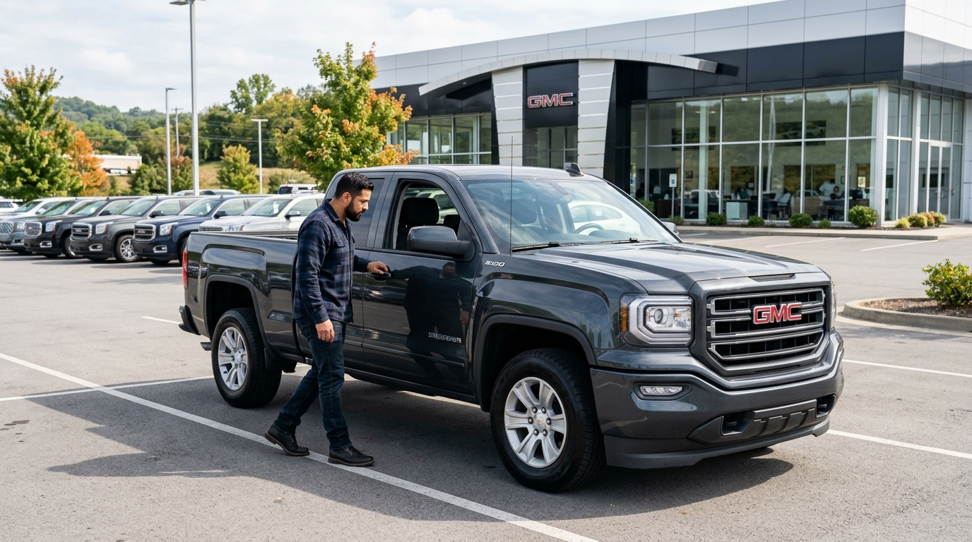 A man reaching to open the door of a dark grey GMC pickup truck parked in front of a GMC dealership. (Representative image for illustration purposes only. Actual vehicle may vary based on trim and configuration.)