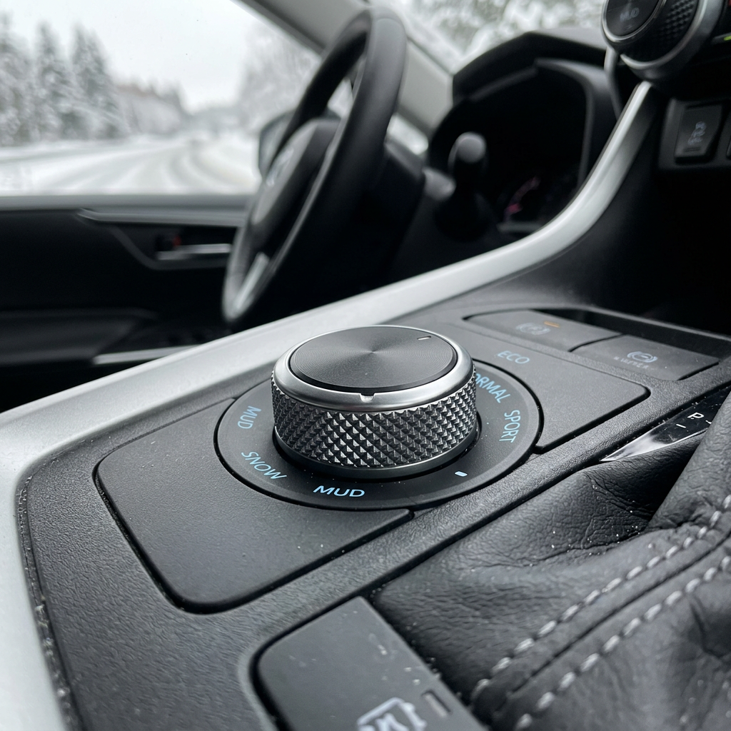 Close-up of a car drive mode selector dial with snow and mud settings against a winter backdrop. (Representative image for illustration purposes only. Actual vehicle may vary based on trim and configuration.)