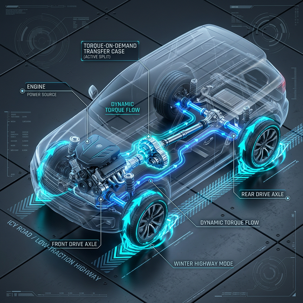 3D X-ray diagram of a vehicle showing engine, transfer case, drive axles, and dynamic torque flow lines. (Representative image for illustration purposes only. Actual vehicle may vary based on trim and configuration.)