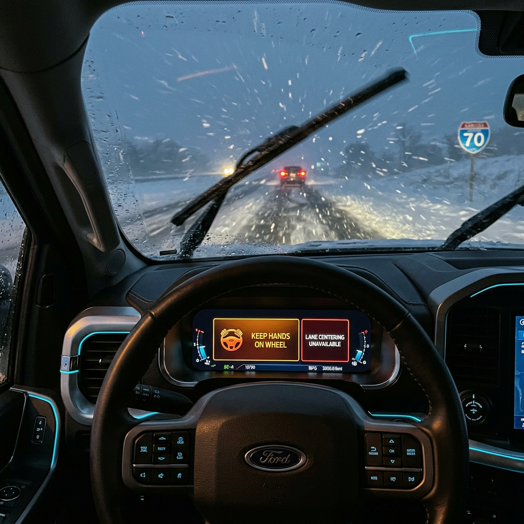 Driver's view from inside a Ford vehicle during a heavy snowstorm with dashboard safety warnings displayed. (Representative image for illustration purposes only. Actual vehicle may vary based on trim and configuration.)