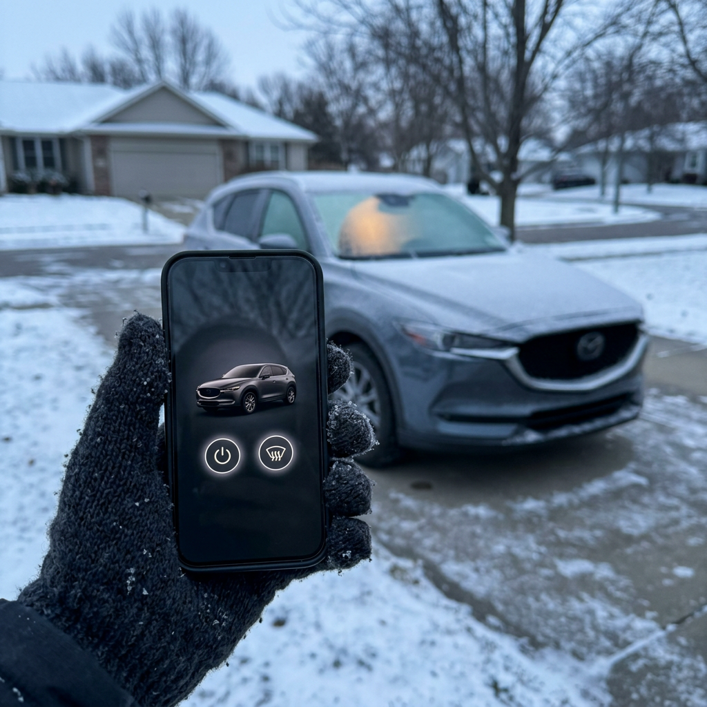 Gloved hand holding a smartphone displaying a car remote start app in front of a frosted SUV on a winter morning. (Representative image for illustration purposes only. Actual vehicle may vary based on trim and configuration.)