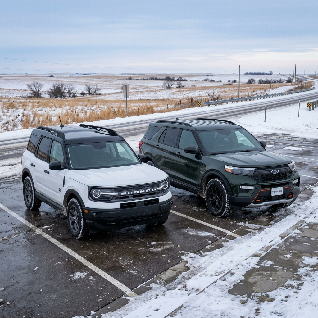 A white Ford Bronco Sport and a dark green Ford Explorer parked side by side in a snowy parking lot. (Representative image for illustration purposes only. Actual vehicle may vary based on trim and configuration.)