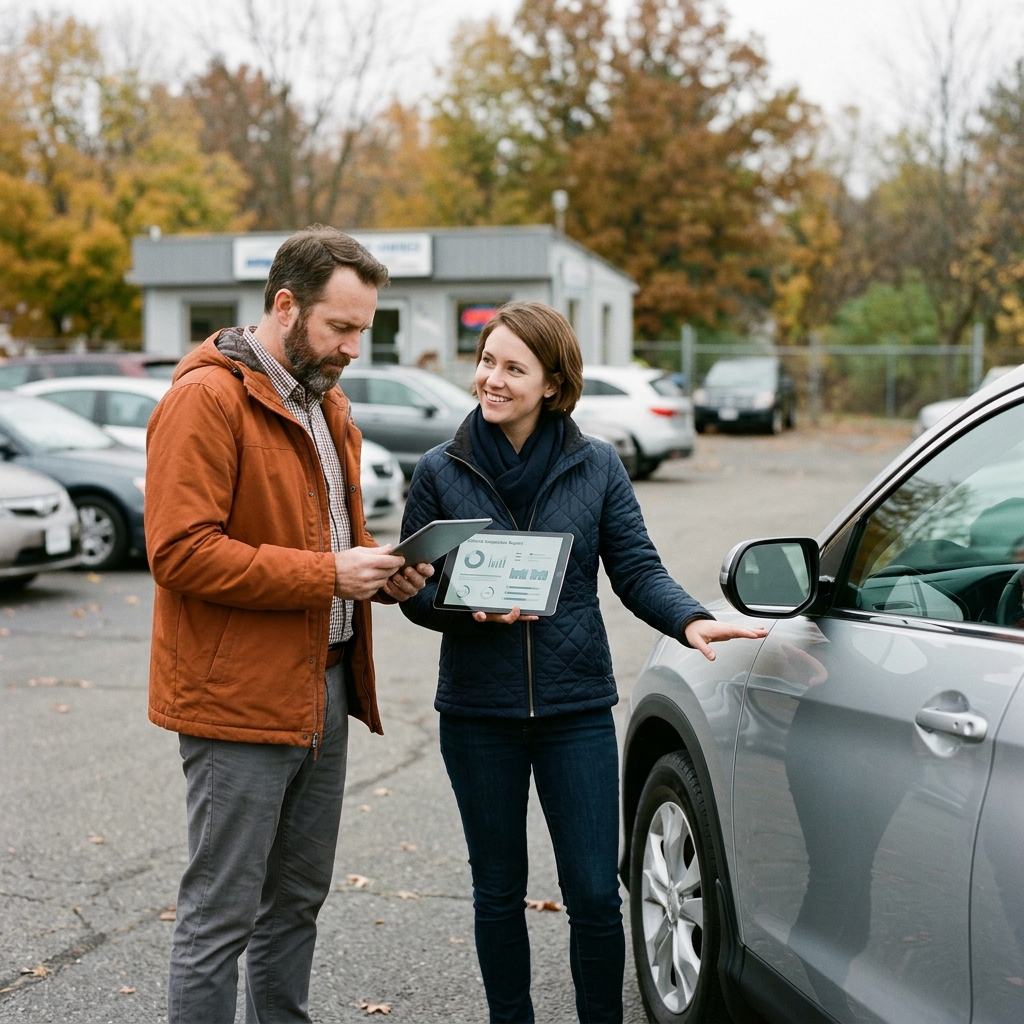 A female car dealer holding a tablet showing vehicle details while presenting a silver car to a male customer. (Representative image for illustration purposes only. Actual vehicle may vary based on trim and configuration.)
