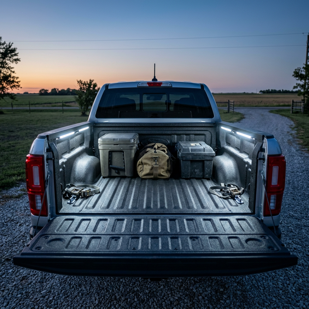 Open pickup truck bed illuminated by LED rail lights, holding gear including a cooler, duffel bag, and storage box. (Representative image for illustration purposes only. Actual vehicle may vary based on trim and configuration.)