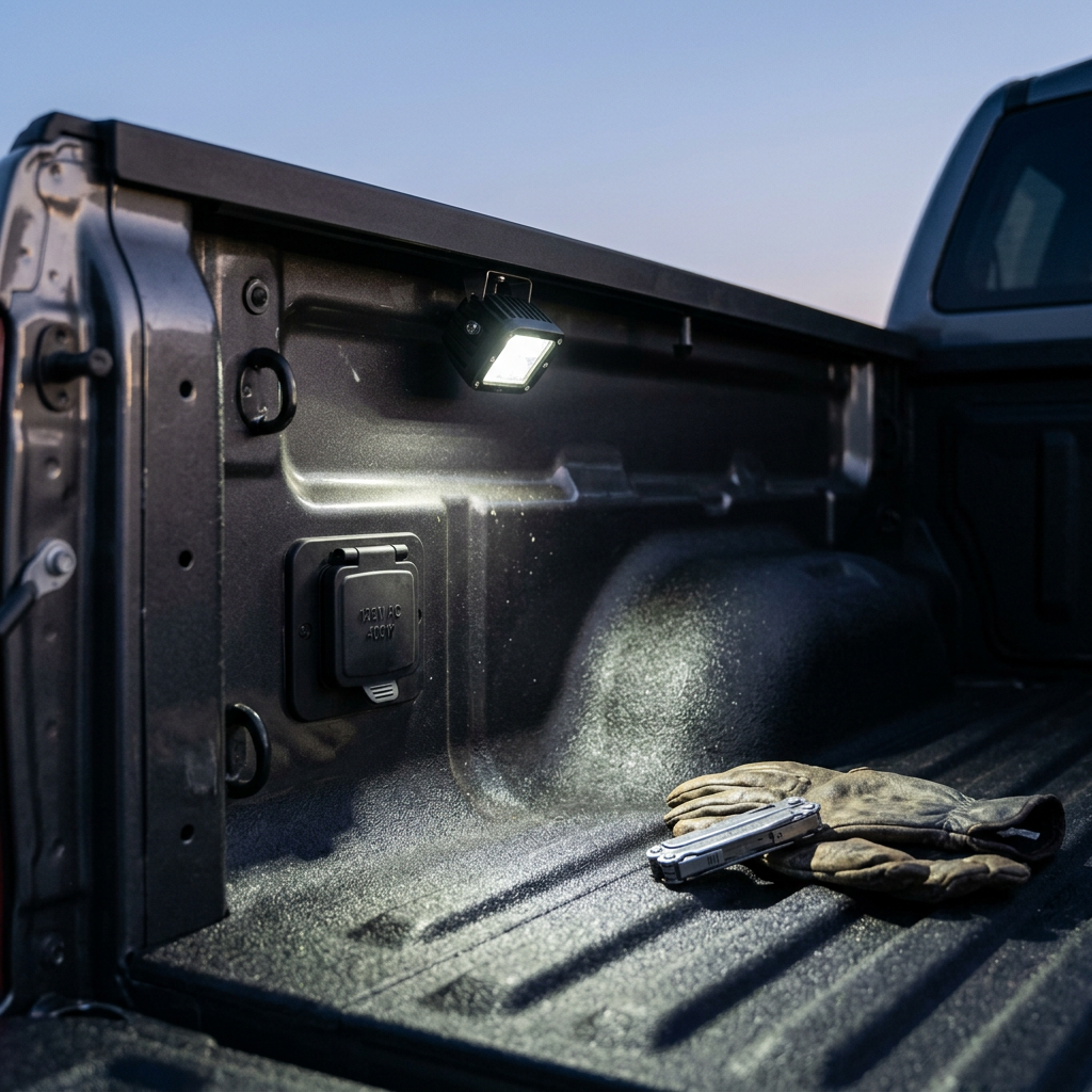 Mounted LED pod light illuminating the bed of a pickup truck with work gloves and a multi-tool on the liner. (Representative image for illustration purposes only. Actual vehicle may vary based on trim and configuration.)