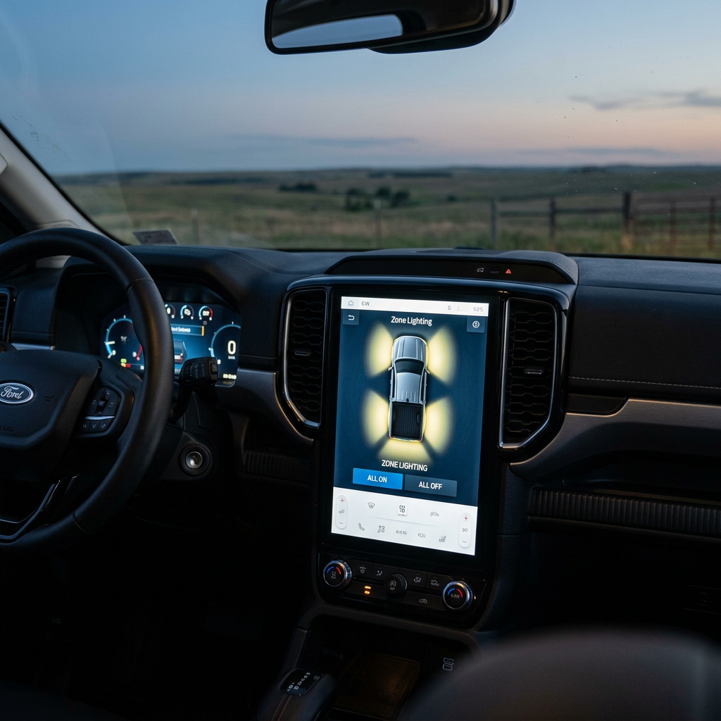 Interior of a Ford truck featuring a large vertical infotainment screen displaying Zone Lighting settings at dusk. (Representative image for illustration purposes only. Actual vehicle may vary based on trim and configuration.)