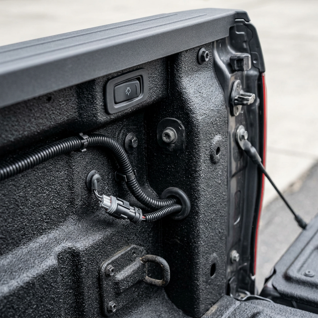 Interior rear wall of a black spray-lined pickup truck bed showing a light switch, wiring harness, and tie-down anchor. (Representative image for illustration purposes only. Actual vehicle may vary based on trim and configuration.)