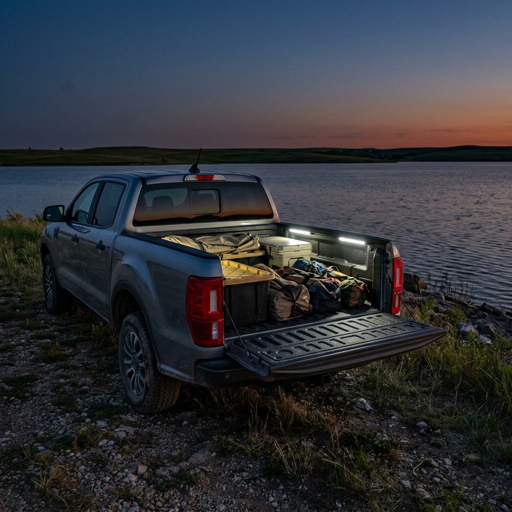 A silver pickup truck with open tailgate loaded with camping gear, parked by a lake at sunset. (Representative image for illustration purposes only. Actual vehicle may vary based on trim and configuration.)