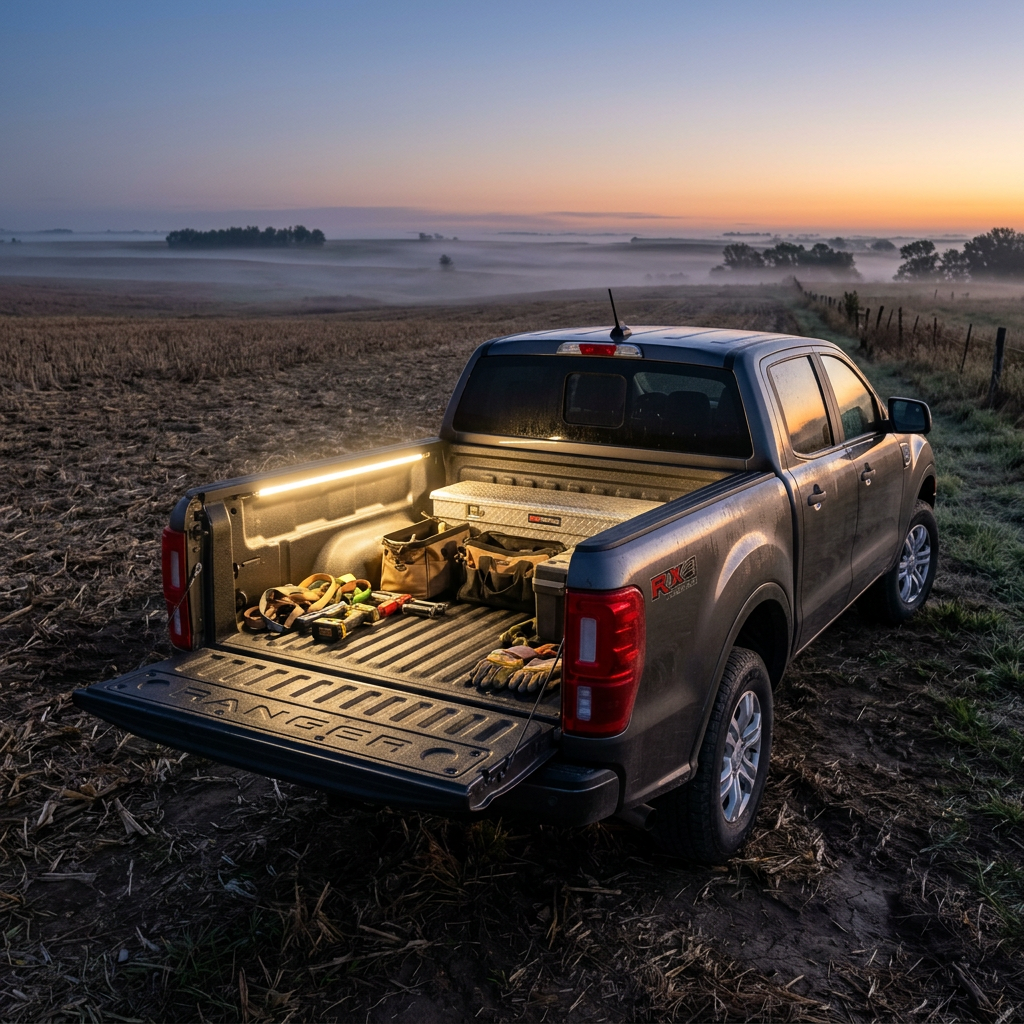Dark gray Ford Ranger pickup truck parked in a misty field at sunrise with work tools in the lit bed. (Representative image for illustration purposes only. Actual vehicle may vary based on trim and configuration.)