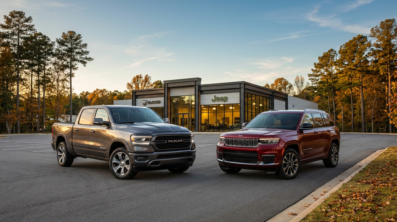 Grey RAM pickup truck and dark red Jeep SUV parked outside a modern RAM Jeep car dealership. (Representative image for illustration purposes only. Actual vehicle may vary based on trim and configuration.)