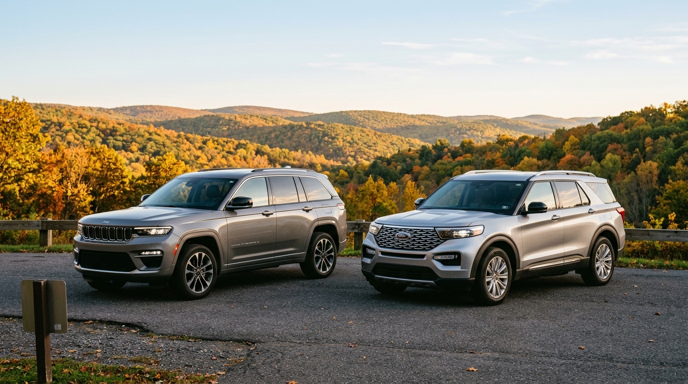 Silver Jeep Grand Cherokee L and Ford Explorer parked side by side at a scenic autumn mountain overlook. (Representative image for illustration purposes only. Actual vehicle may vary based on trim and configuration.)
