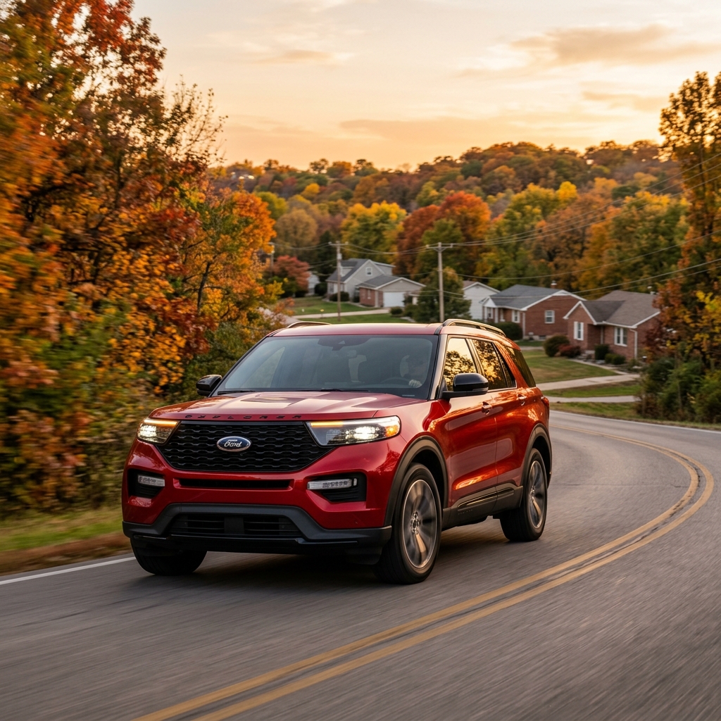 Red Ford Explorer driving around a curve on a paved road surrounded by colorful fall trees at sunset. (Representative image for illustration purposes only. Actual vehicle may vary based on trim and configuration.)