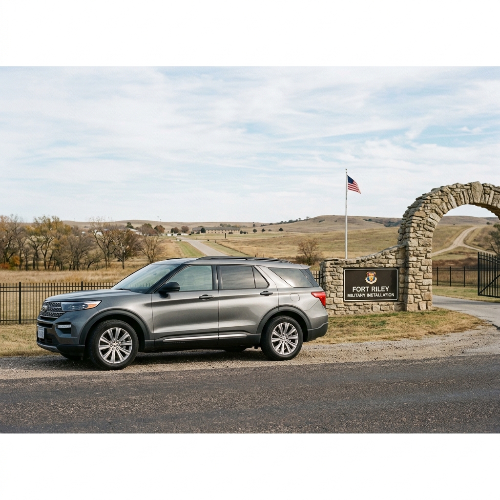 A gray SUV parked next to a stone archway and sign reading Fort Riley Military Installation. (Representative image for illustration purposes only. Actual vehicle may vary based on trim and configuration.)