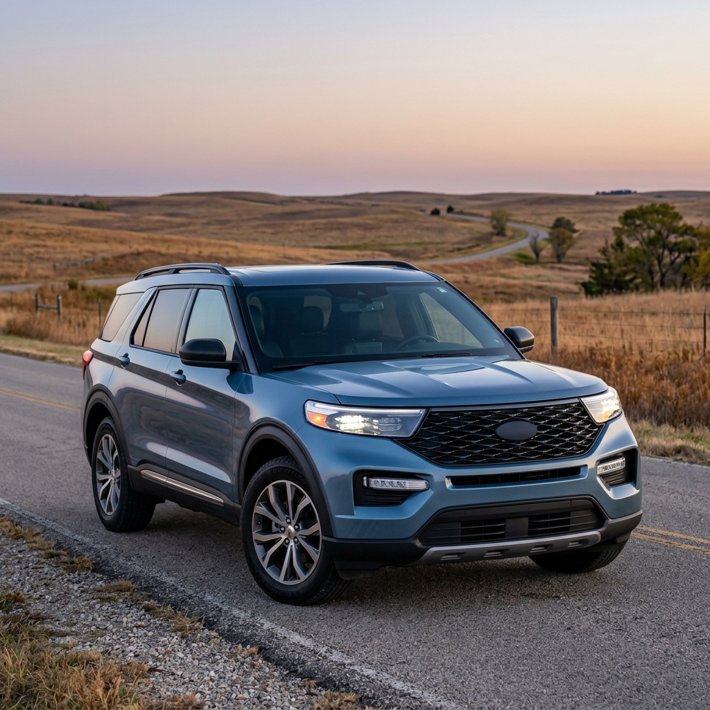 Blue SUV parked on a paved rural road with rolling grassy hills in the background during sunset. (Representative image for illustration purposes only. Actual vehicle may vary based on trim and configuration.)