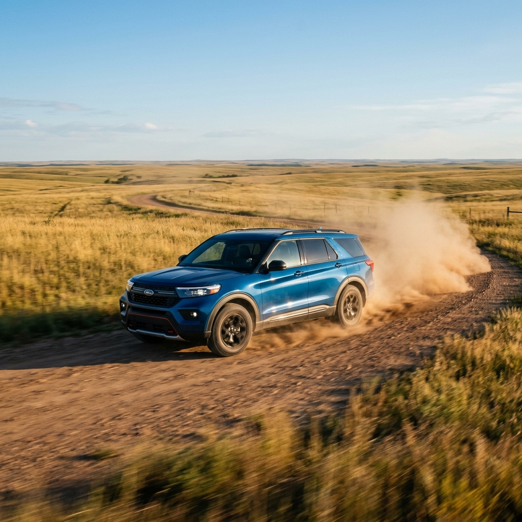 Blue SUV driving fast on a winding dirt path through open prairie fields, kicking up a large dust cloud. (Representative image for illustration purposes only. Actual vehicle may vary based on trim and configuration.)