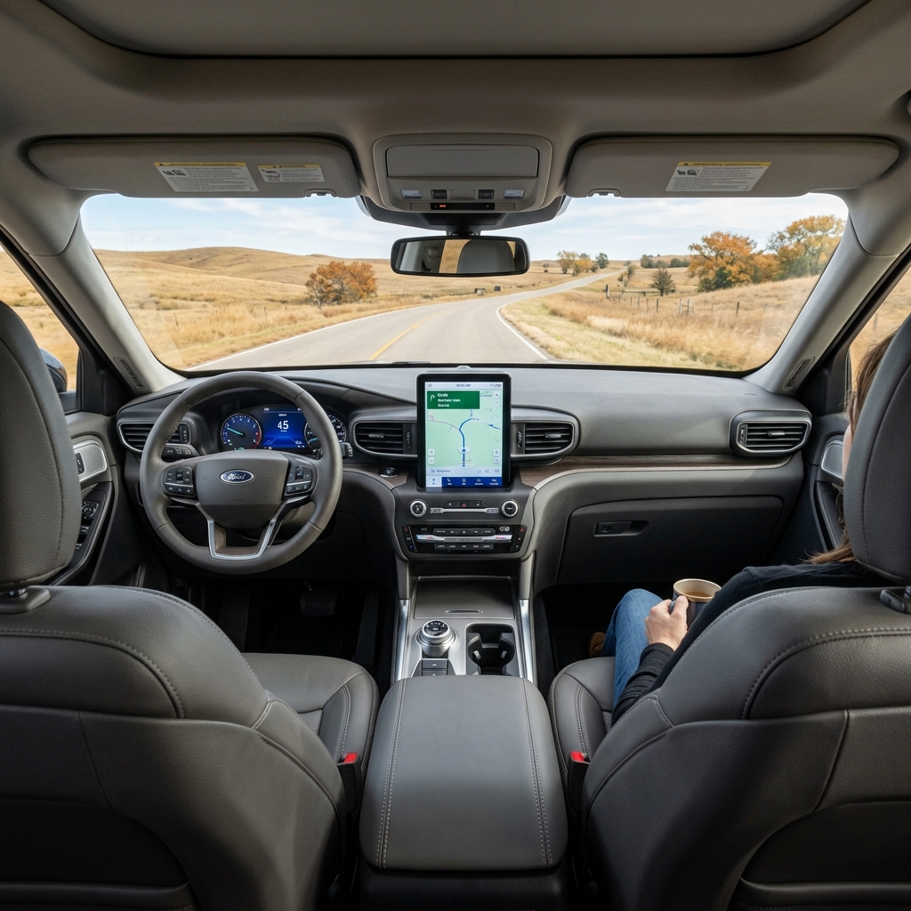 Interior view of an autonomous Ford SUV driving down a rural road with an empty driver's seat. (Representative image for illustration purposes only. Actual vehicle may vary based on trim and configuration.)