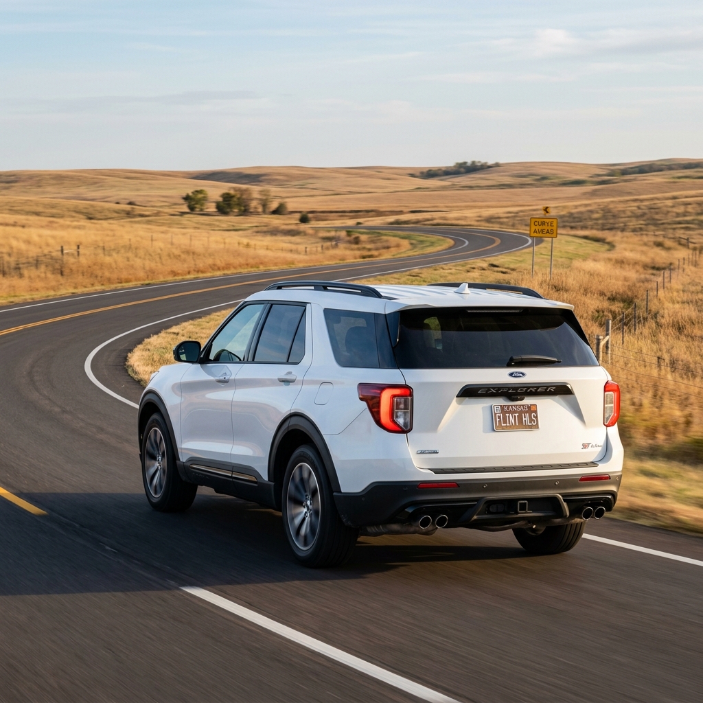 White Ford Explorer ST driving along a curving scenic road through rolling golden hills in Kansas. (Representative image for illustration purposes only. Actual vehicle may vary based on trim and configuration.)