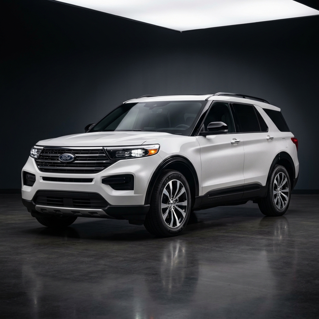 White Ford Explorer SUV parked inside a dark modern studio with reflective concrete flooring. (Representative image for illustration purposes only. Actual vehicle may vary based on trim and configuration.)