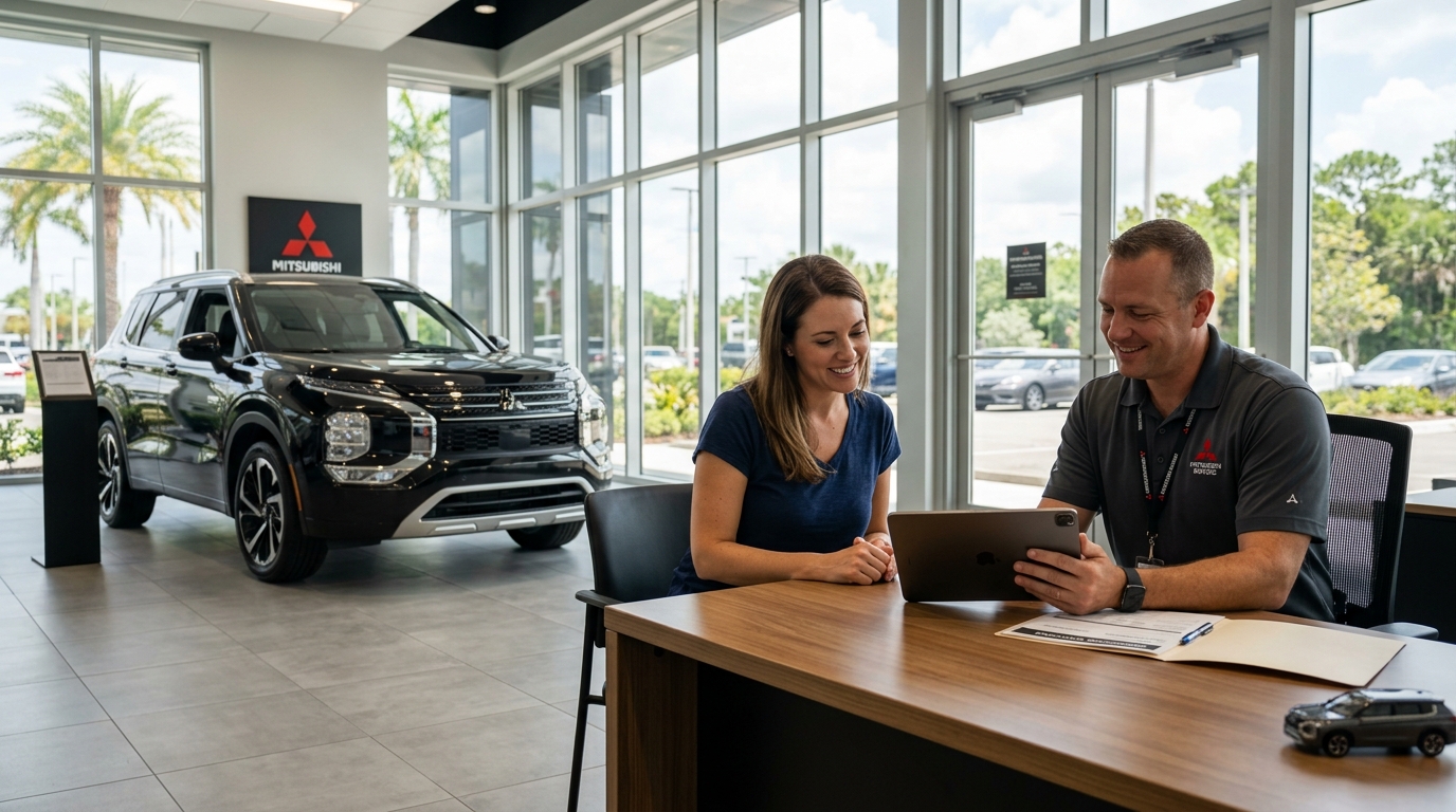 A customer and salesperson review digital documents on a tablet inside a bright Mitsubishi dealership showroom. (Representative image for illustration purposes only. Actual vehicle may vary based on trim and configuration.)