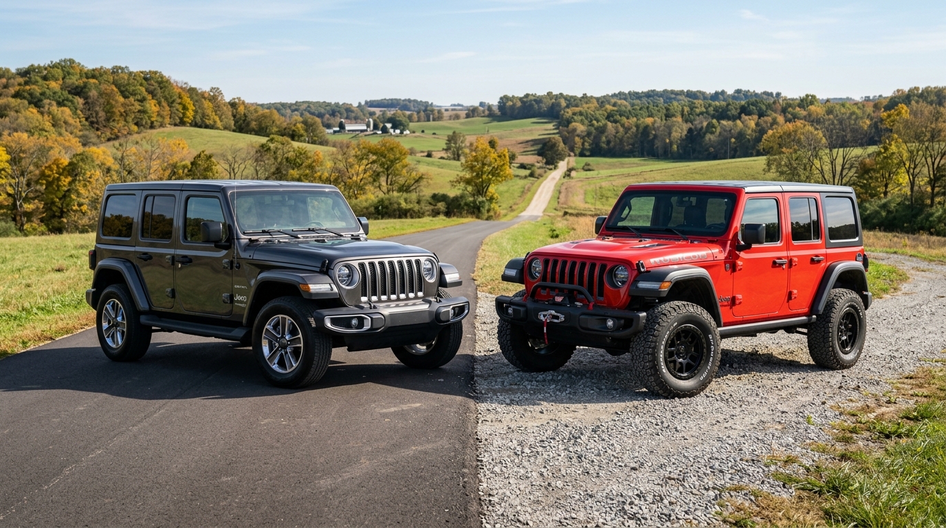 Dark grey and red Jeep Wranglers parked side-by-side on a divided country road surrounded by rolling green hills. (Representative image for illustration purposes only. Actual vehicle may vary based on trim and configuration.)