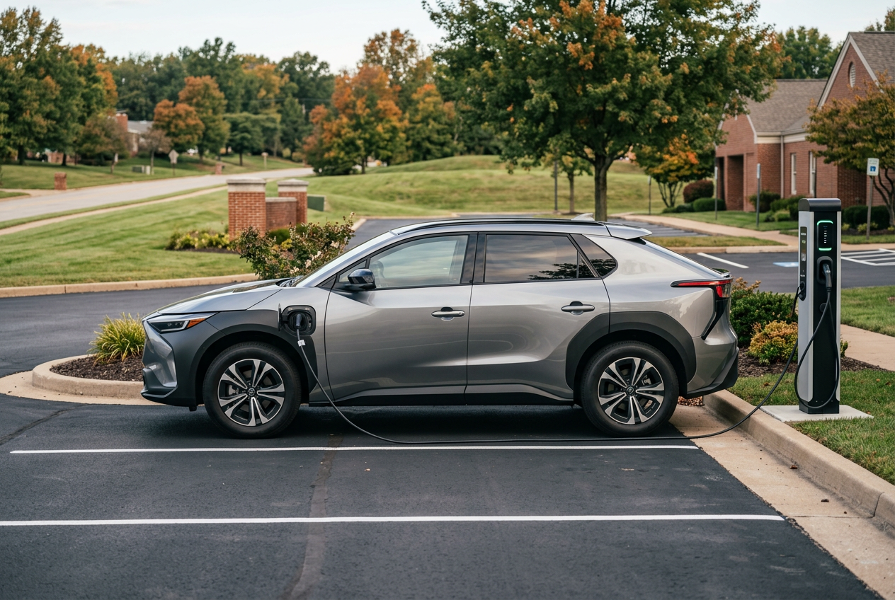 Side profile of a silver electric SUV plugged into a charging station in a parking lot. (Representative image for illustration purposes only. Actual vehicle may vary based on trim and configuration.)
