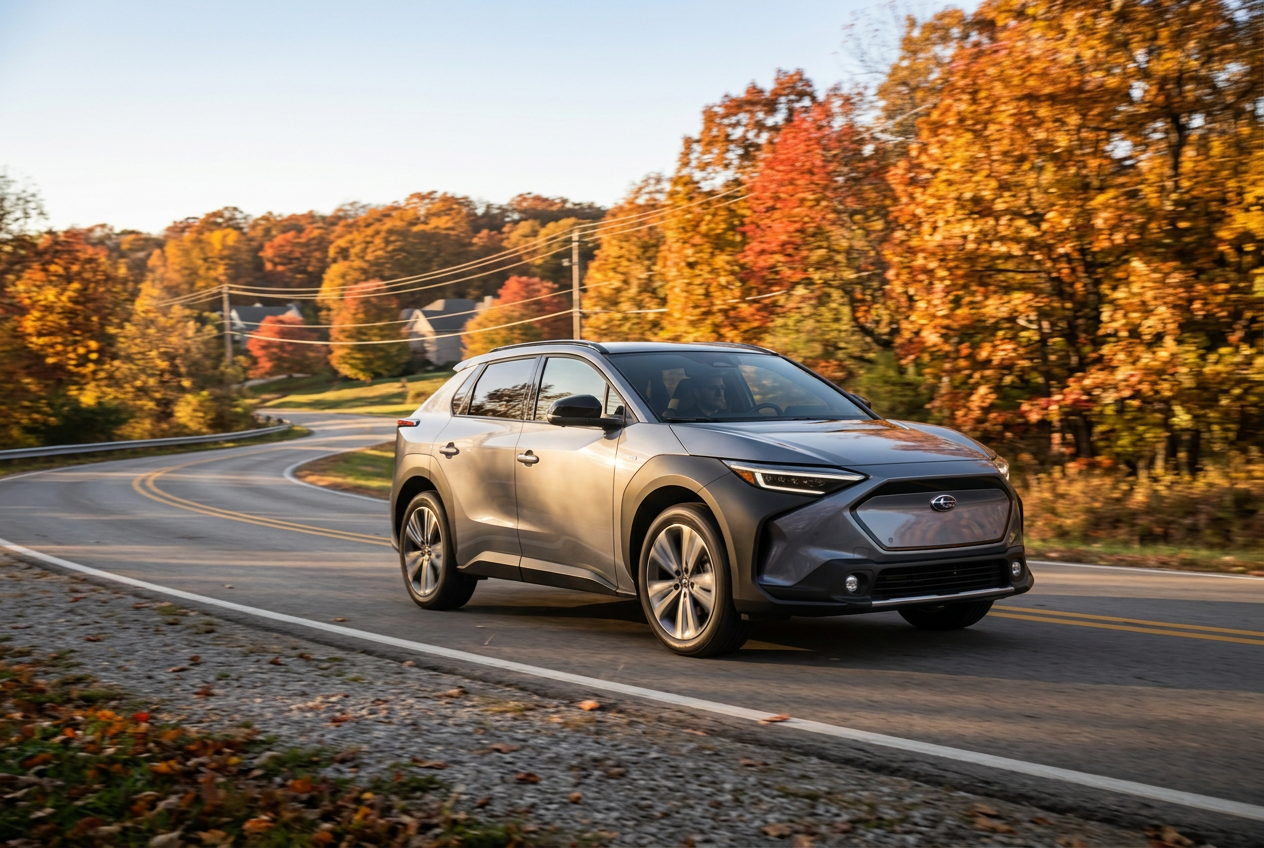 A grey Subaru Solterra electric SUV driving on a winding road surrounded by colorful autumn trees. (Representative image for illustration purposes only. Actual vehicle may vary based on trim and configuration.)