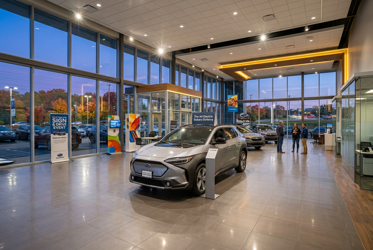 Modern Subaru dealership interior featuring a silver electric Solterra SUV on a polished tile floor with floor-to-ceiling windows. (Representative image for illustration purposes only. Actual vehicle may vary based on trim and configuration.)