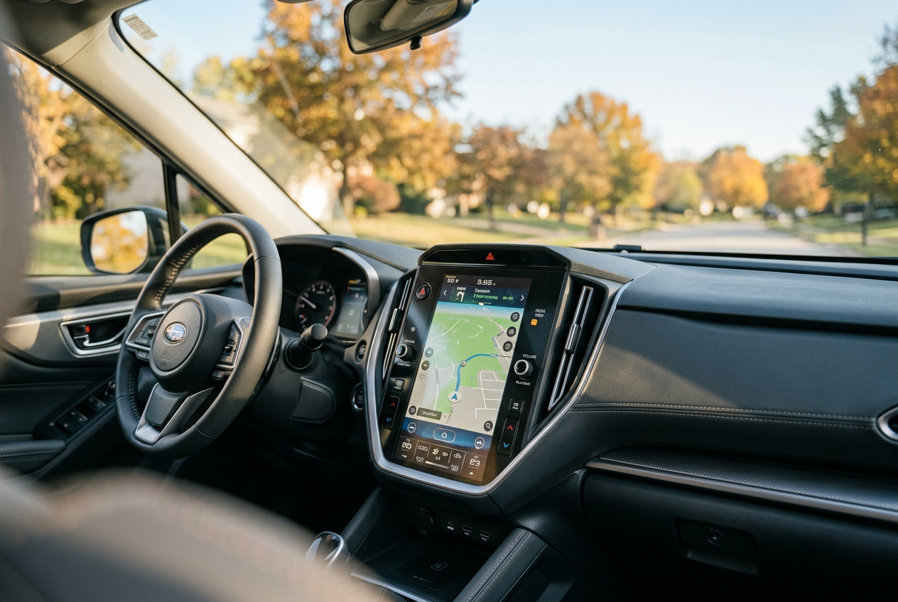 Driver's view of a modern Subaru dashboard featuring a large central navigation touchscreen on a sunny autumn day. (Representative image for illustration purposes only. Actual vehicle may vary based on trim and configuration.)