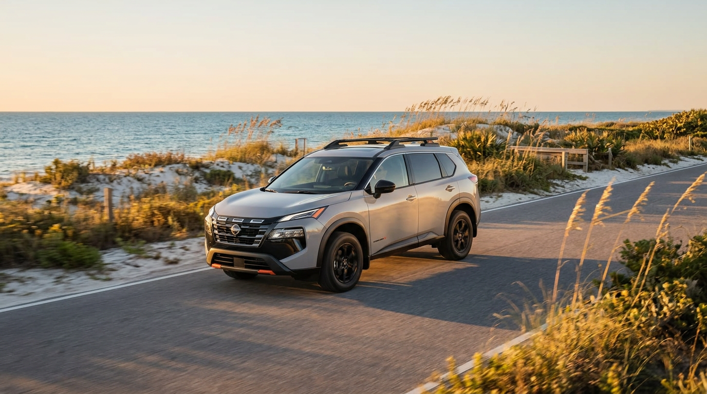 Silver Nissan SUV with a roof rack driving on a coastal road next to the ocean at golden hour. (Representative image for illustration purposes only. Actual vehicle may vary based on trim and configuration.)
