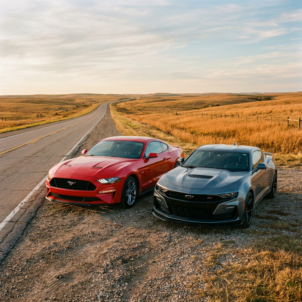 A red Ford Mustang and a grey Chevrolet Camaro parked together on a gravel shoulder along an open country road. (Representative image for illustration purposes only. Actual vehicle may vary based on trim and configuration.)