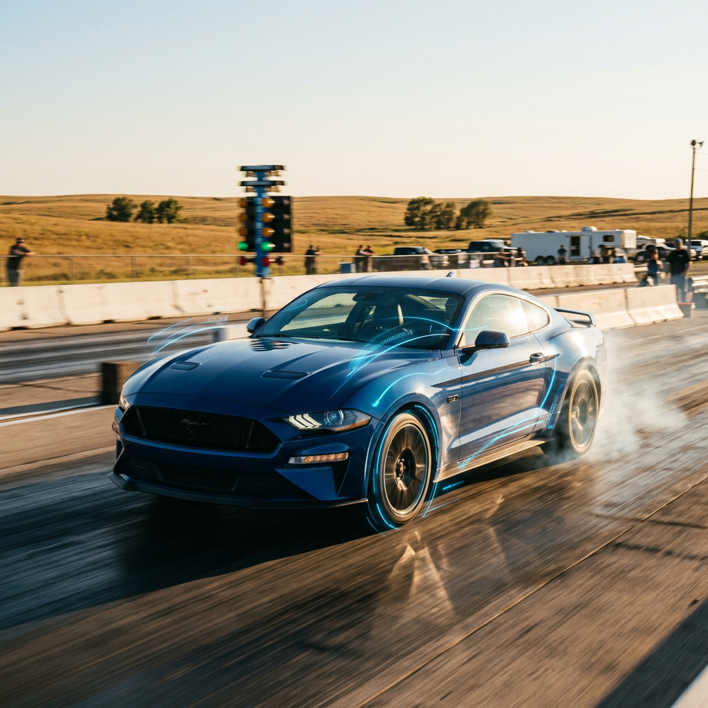 A blue Ford Mustang launching down a drag strip with glowing digital blue graphics highlighting its performance. (Representative image for illustration purposes only. Actual vehicle may vary based on trim and configuration.)