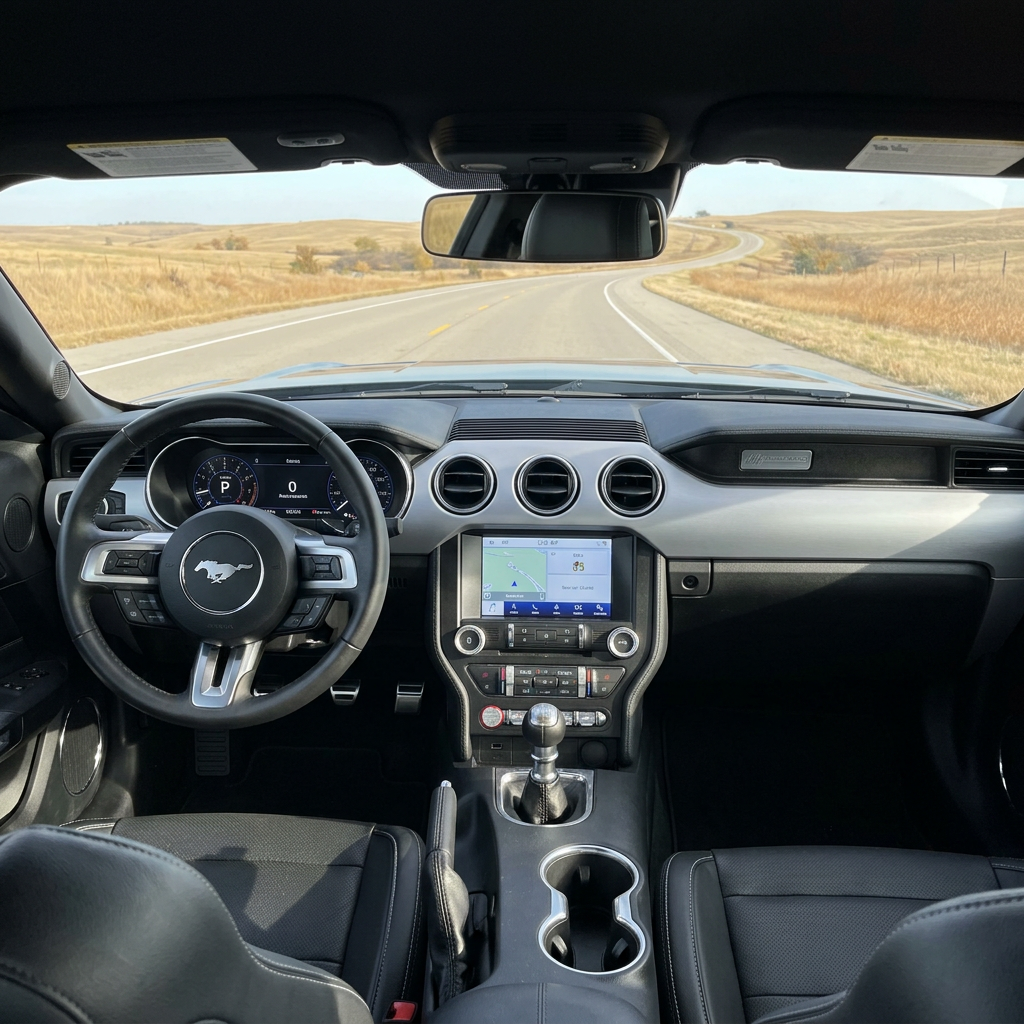 View from the driver seat of a Ford Mustang driving along a winding rural road through grassy hills. (Representative image for illustration purposes only. Actual vehicle may vary based on trim and configuration.)