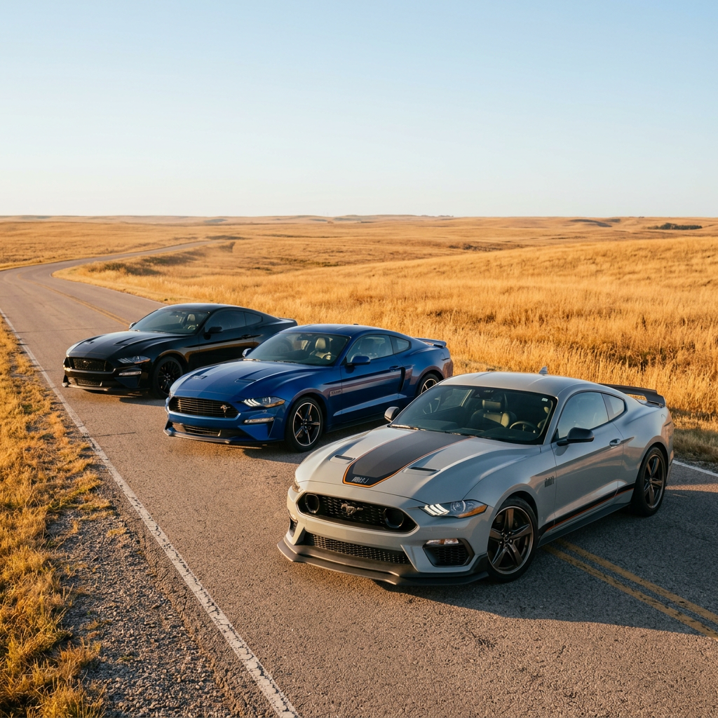 Three modern Ford Mustangs in grey, blue, and black parked in a row on a scenic rural road surrounded by grassy plains. (Representative image for illustration purposes only. Actual vehicle may vary based on trim and configuration.)