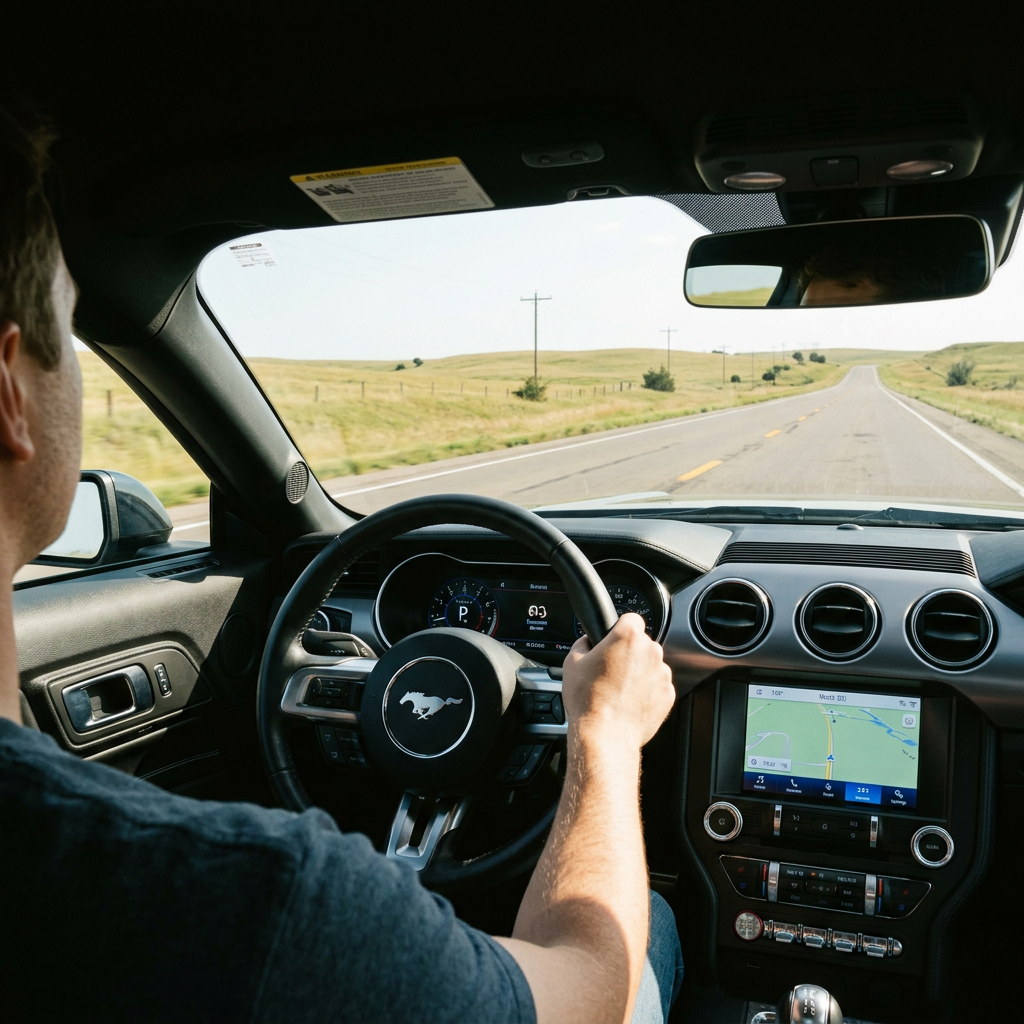 Driver's perspective inside a Ford Mustang driving down an open rural highway through rolling hills. (Representative image for illustration purposes only. Actual vehicle may vary based on trim and configuration.)