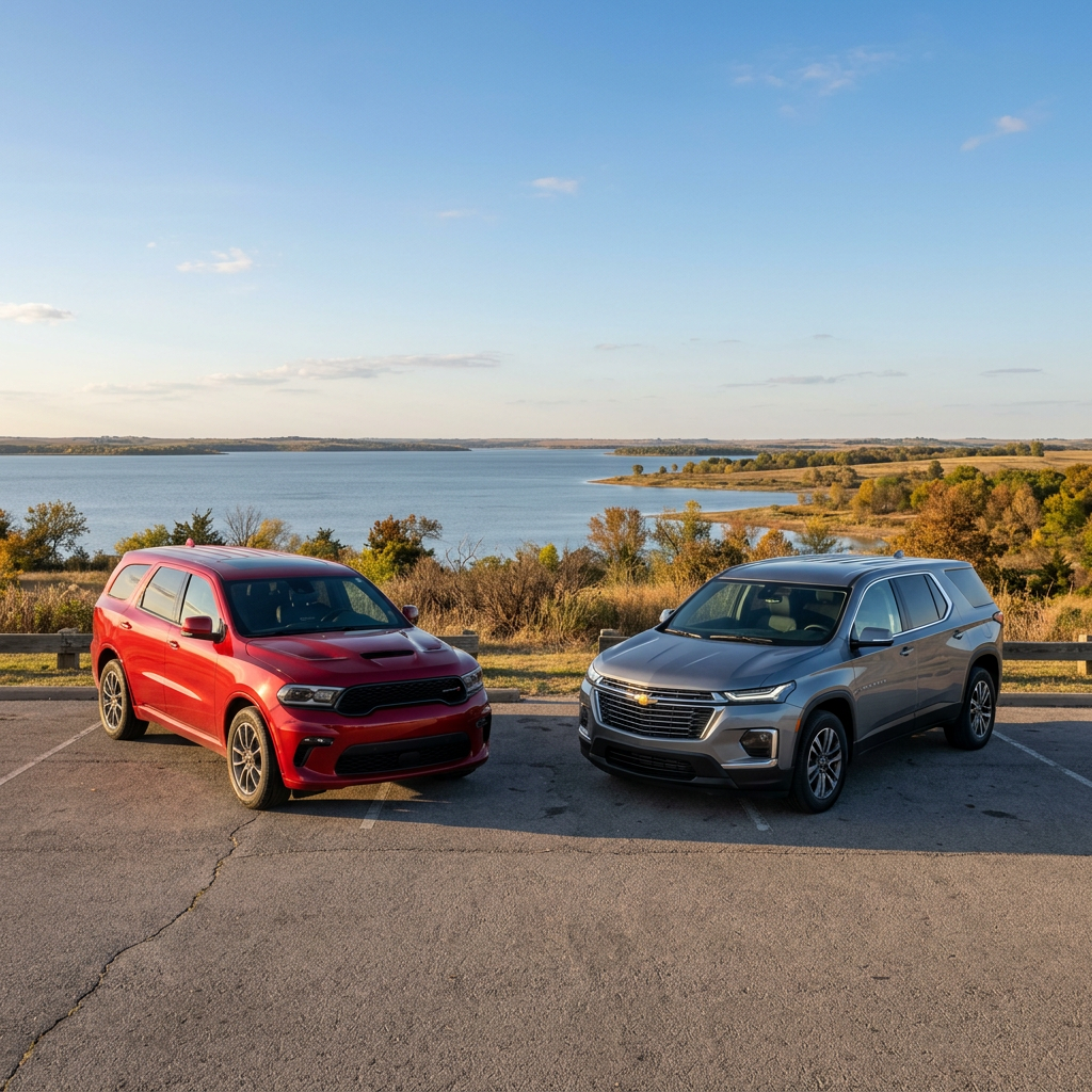A red Dodge Durango and a silver Chevrolet Traverse parked side by side at a scenic lake overlook. (Representative image for illustration purposes only. Actual vehicle may vary based on trim and configuration.)
