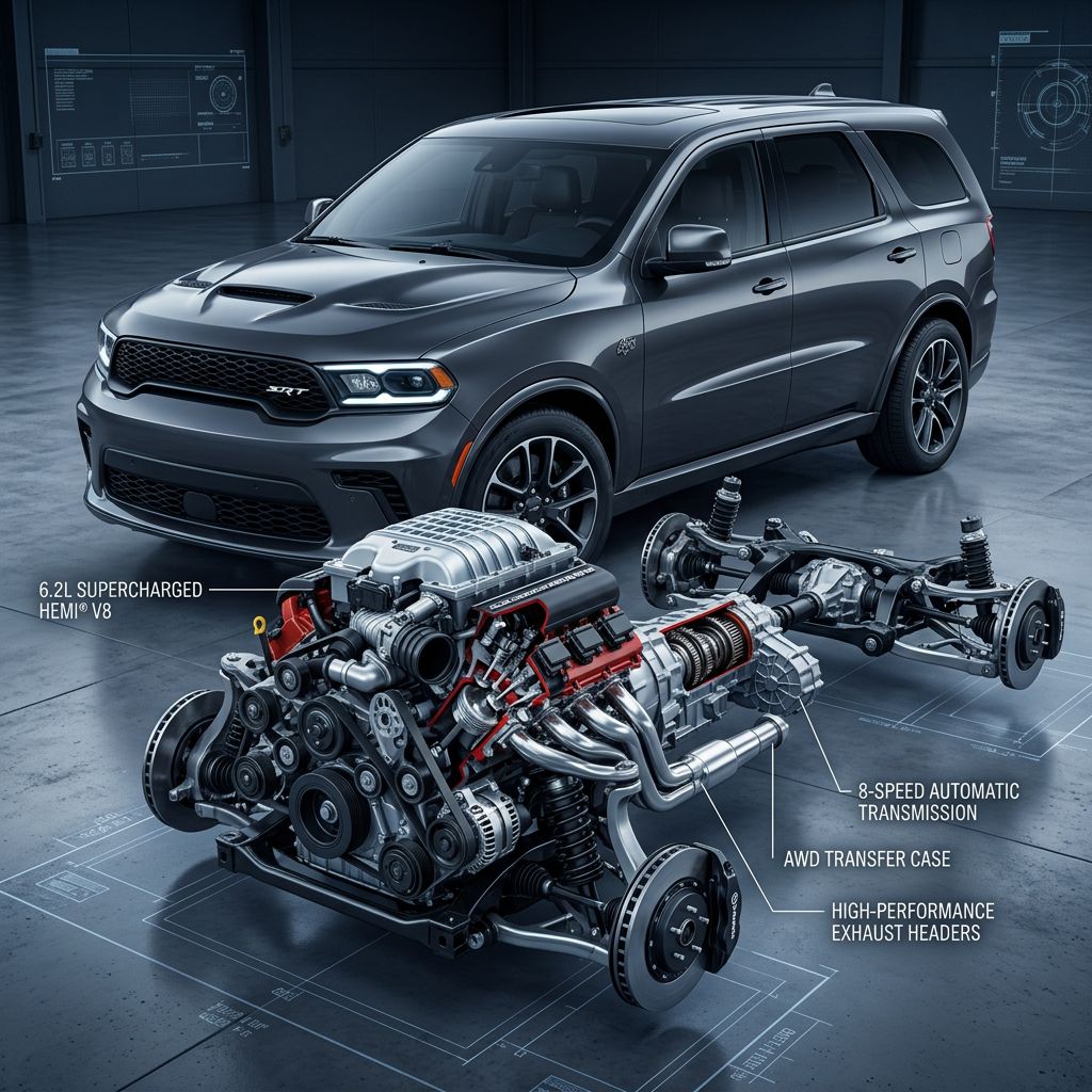Dark grey SUV displayed alongside a detailed cutaway illustration of its engine, transmission, and drivetrain. (Representative image for illustration purposes only. Actual vehicle may vary based on trim and configuration.)