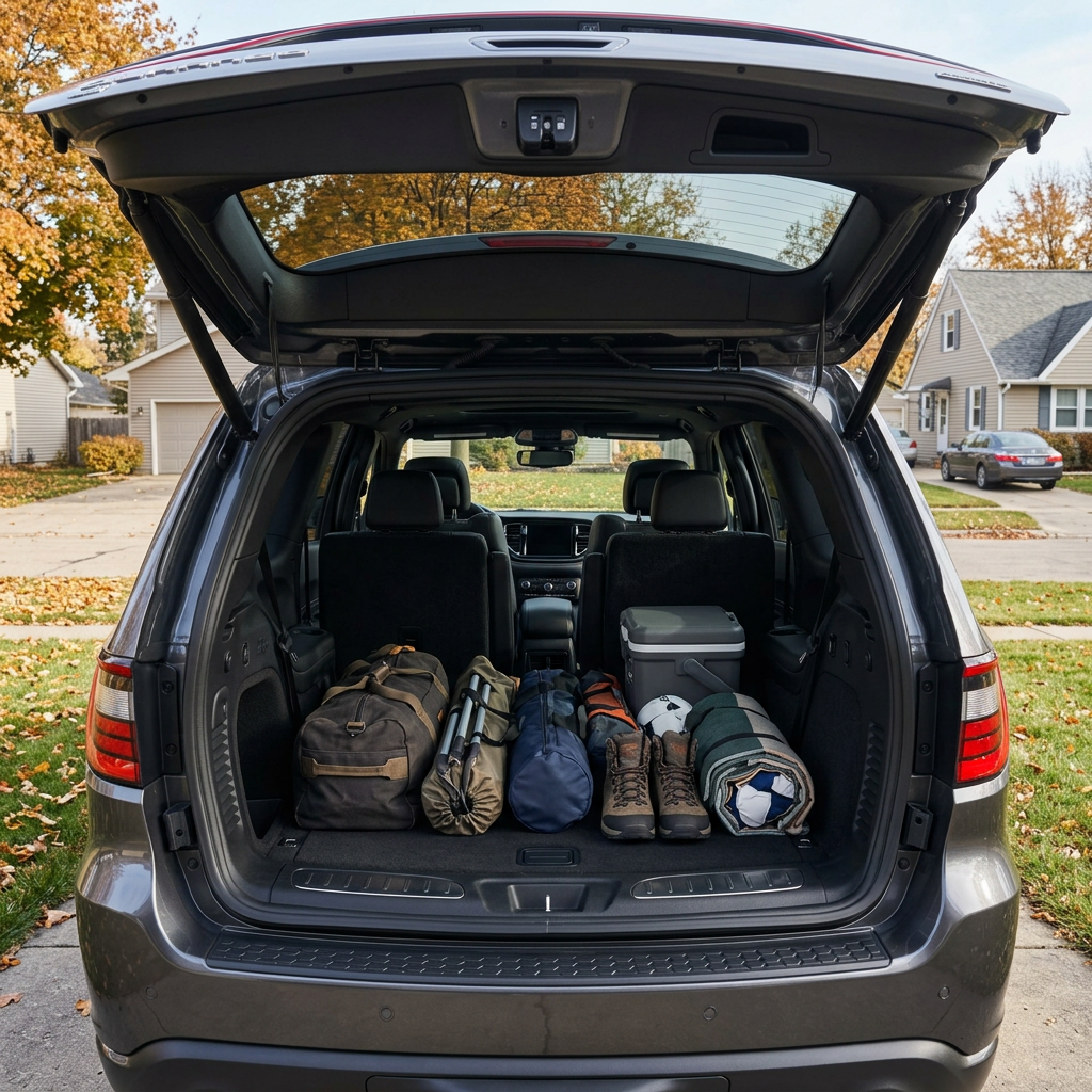 Open trunk of a dark grey SUV loaded with camping gear, duffel bags, hiking boots, and a cooler. (Representative image for illustration purposes only. Actual vehicle may vary based on trim and configuration.)