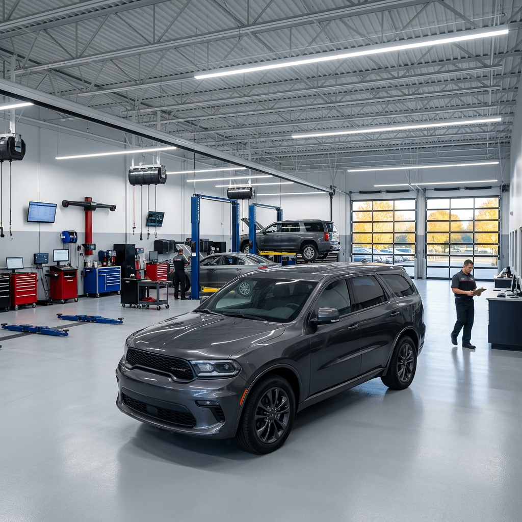 Dark gray SUV parked inside a modern automotive service shop with technicians and car lifts. (Representative image for illustration purposes only. Actual vehicle may vary based on trim and configuration.)