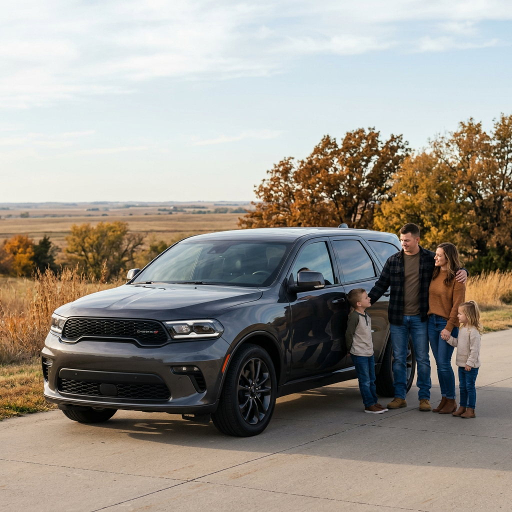 A family of four standing next to a dark gray Dodge Durango SUV on a paved road in a rural autumn landscape. (Representative image for illustration purposes only. Actual vehicle may vary based on trim and configuration.)