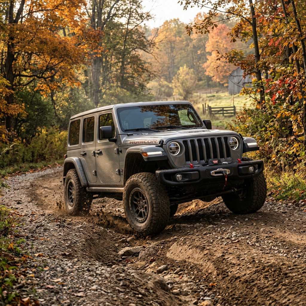 A grey Jeep Wrangler Rubicon navigating a rutted dirt trail surrounded by autumn trees. (Representative image for illustration purposes only. Actual vehicle may vary based on trim and configuration.)