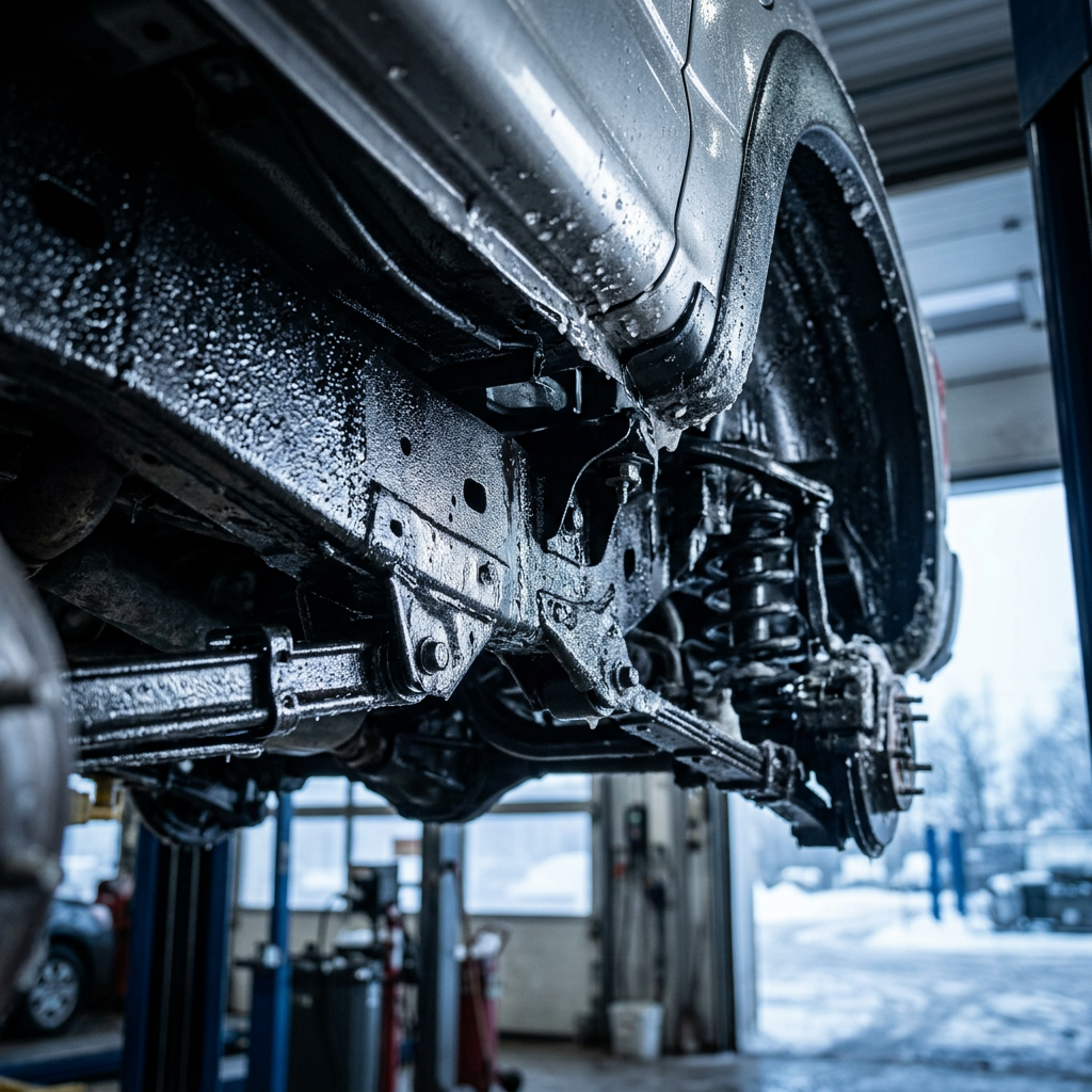 Close-up view of a truck's undercarriage showing suspension, frame, and leaf springs elevated on a car lift. (Representative image for illustration purposes only. Actual vehicle may vary based on trim and configuration.)