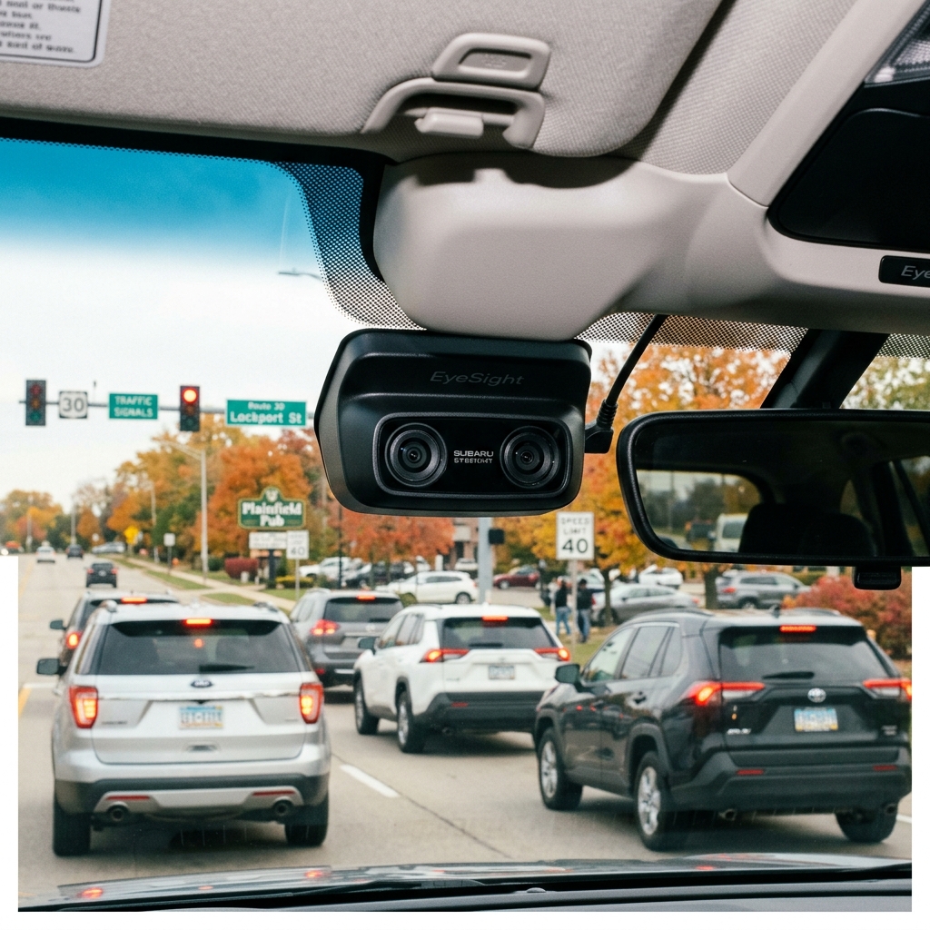 Inside view of a car looking through the windshield with a dual-lens Subaru EyeSight system mounted near the mirror. (Representative image for illustration purposes only. Actual vehicle may vary based on trim and configuration.)