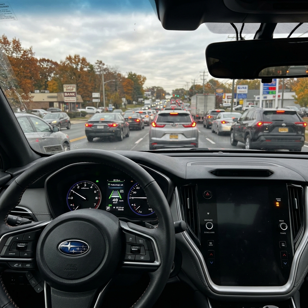 Driver's perspective inside a Subaru steering wheel and dashboard looking out at heavy autumn traffic. (Representative image for illustration purposes only. Actual vehicle may vary based on trim and configuration.)