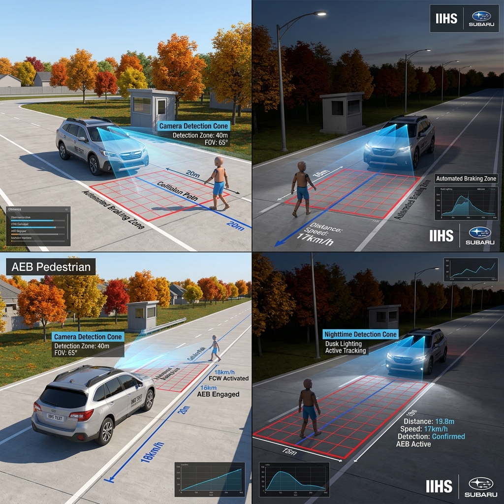 Diagrams showing IIHS and Subaru AEB pedestrian detection testing scenarios in day and night conditions. (Representative image for illustration purposes only. Actual vehicle may vary based on trim and configuration.)